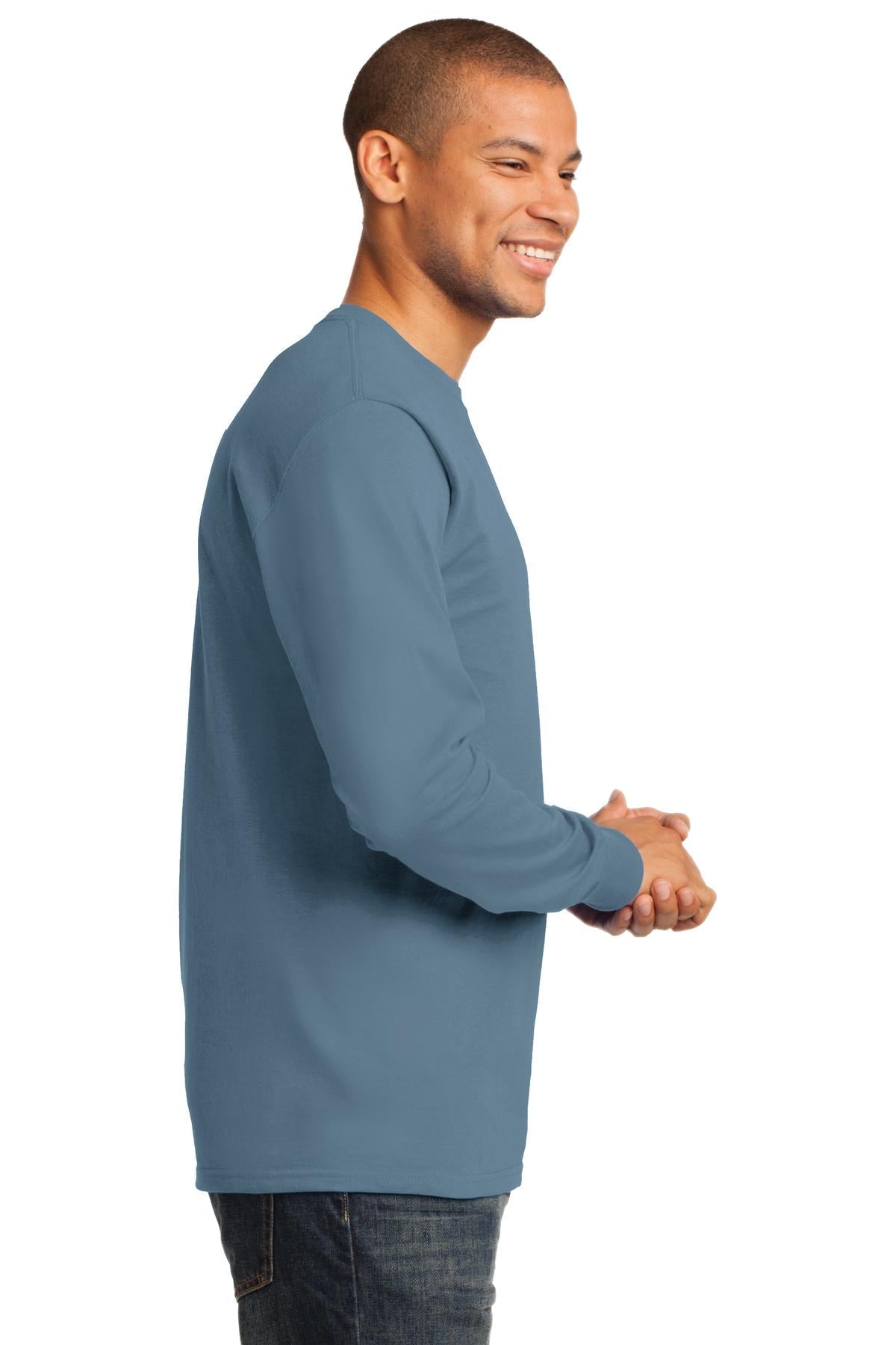 Stonewash Blue Port & Co Long Sleeve Essential Tee. PC61LS