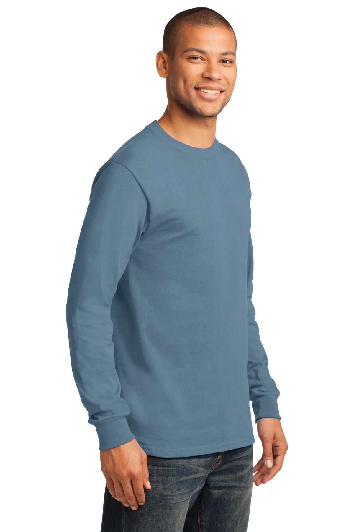 Stonewash Blue Port & Co Long Sleeve Essential Tee. PC61LS