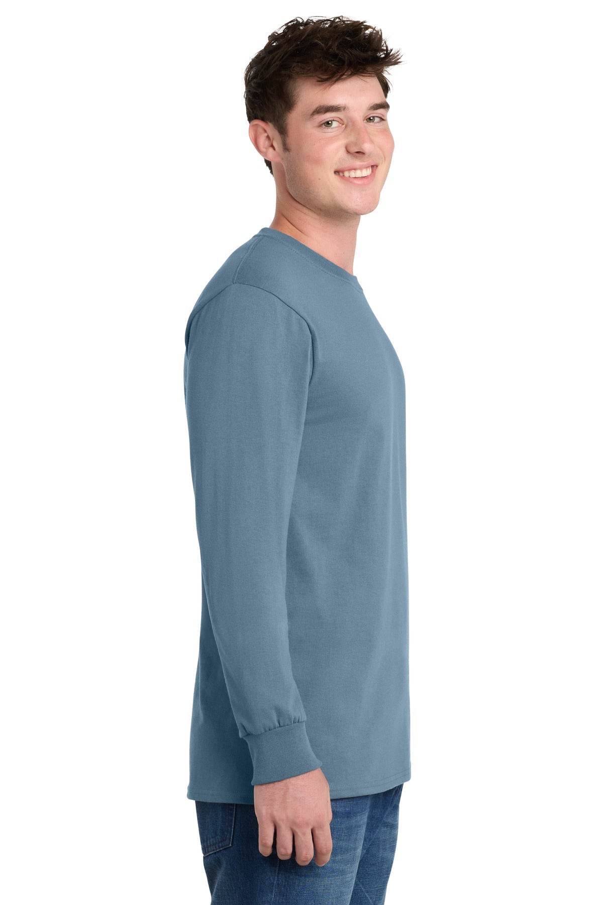 Stonewash Blue Port & Co Long Sleeve Essential Tee. PC61LS