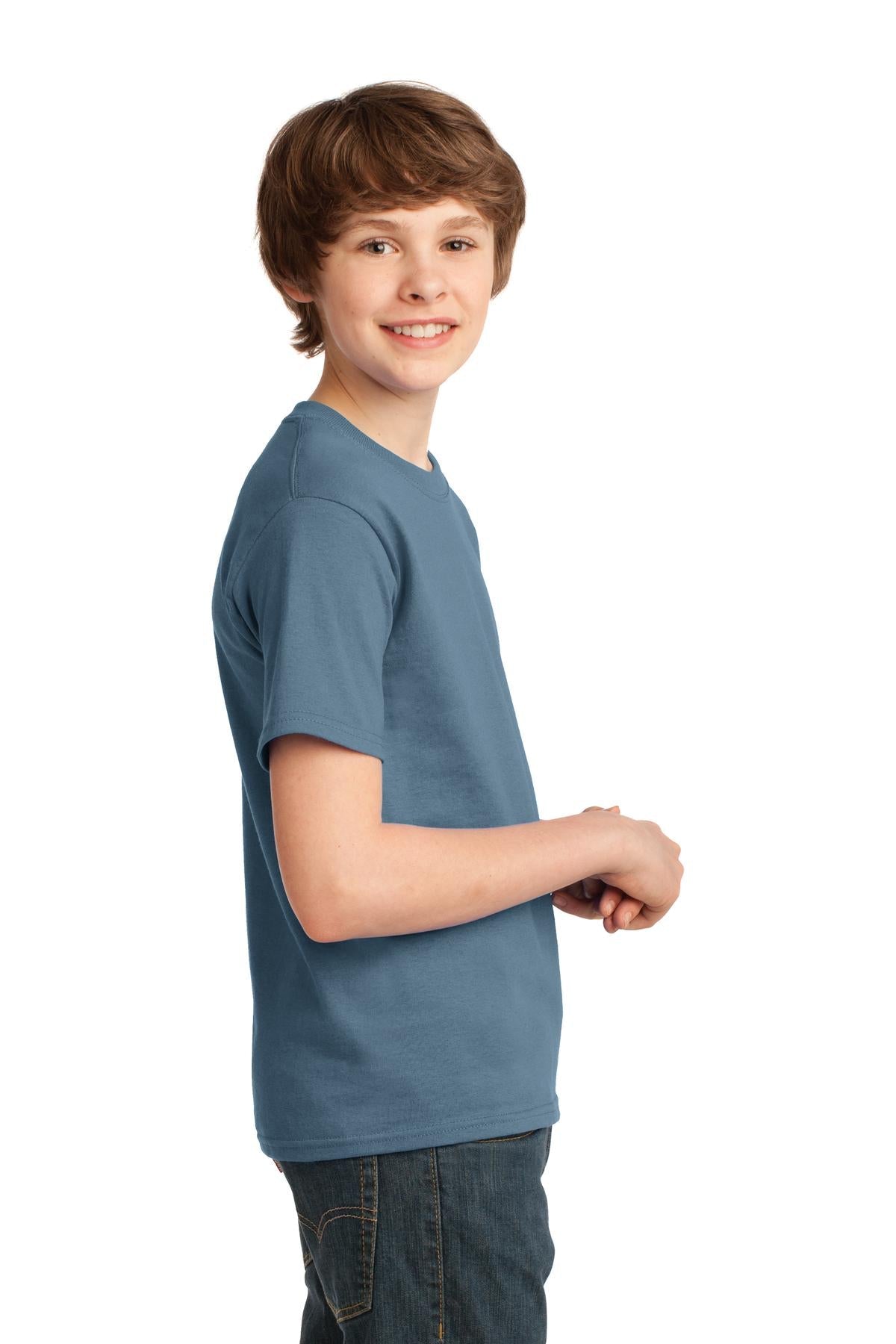 Stonewshd Blue Port & Co Youth Essential Tee. PC61Y