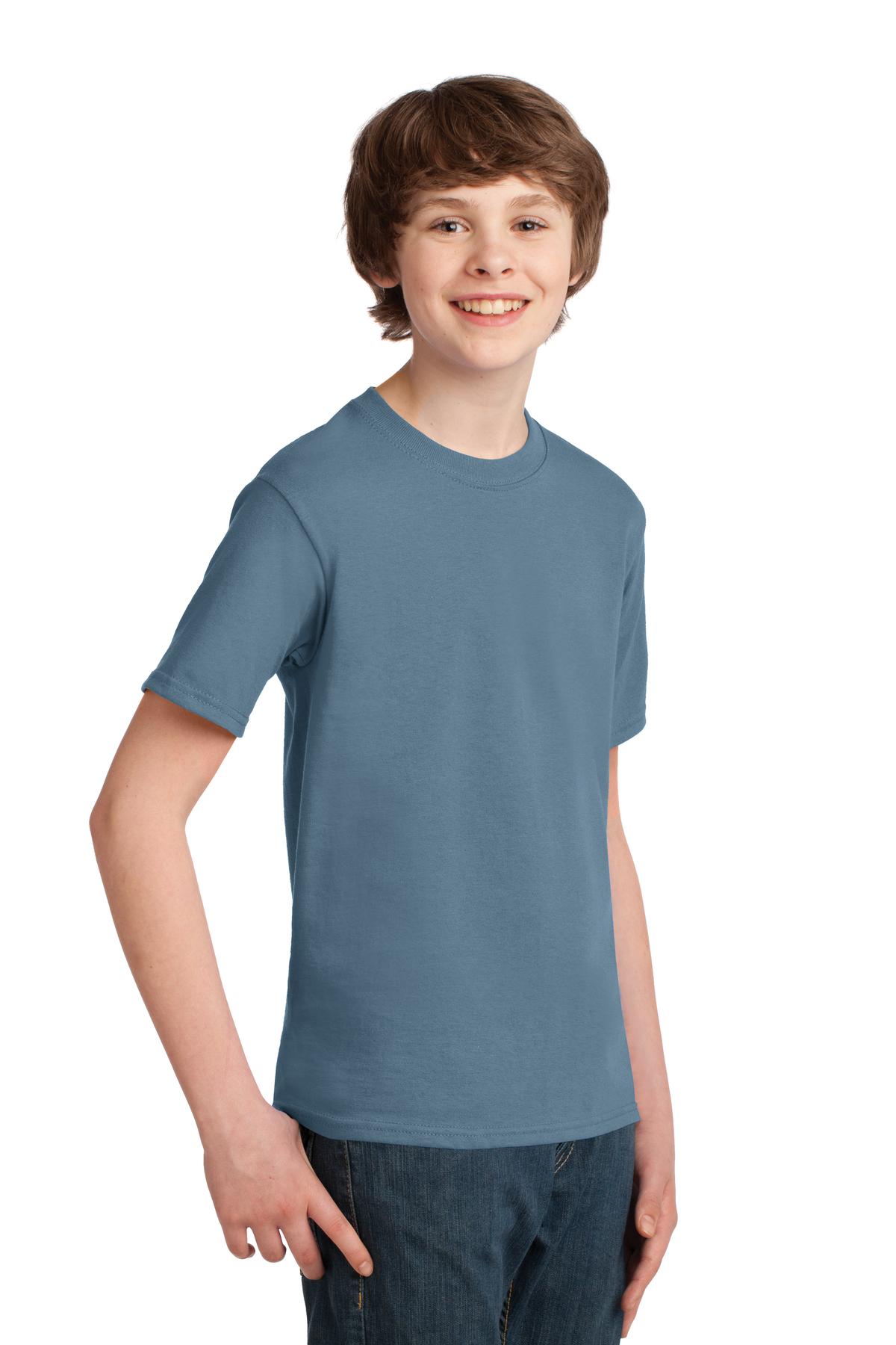 Stonewshd Blue Port & Co Youth Essential Tee. PC61Y