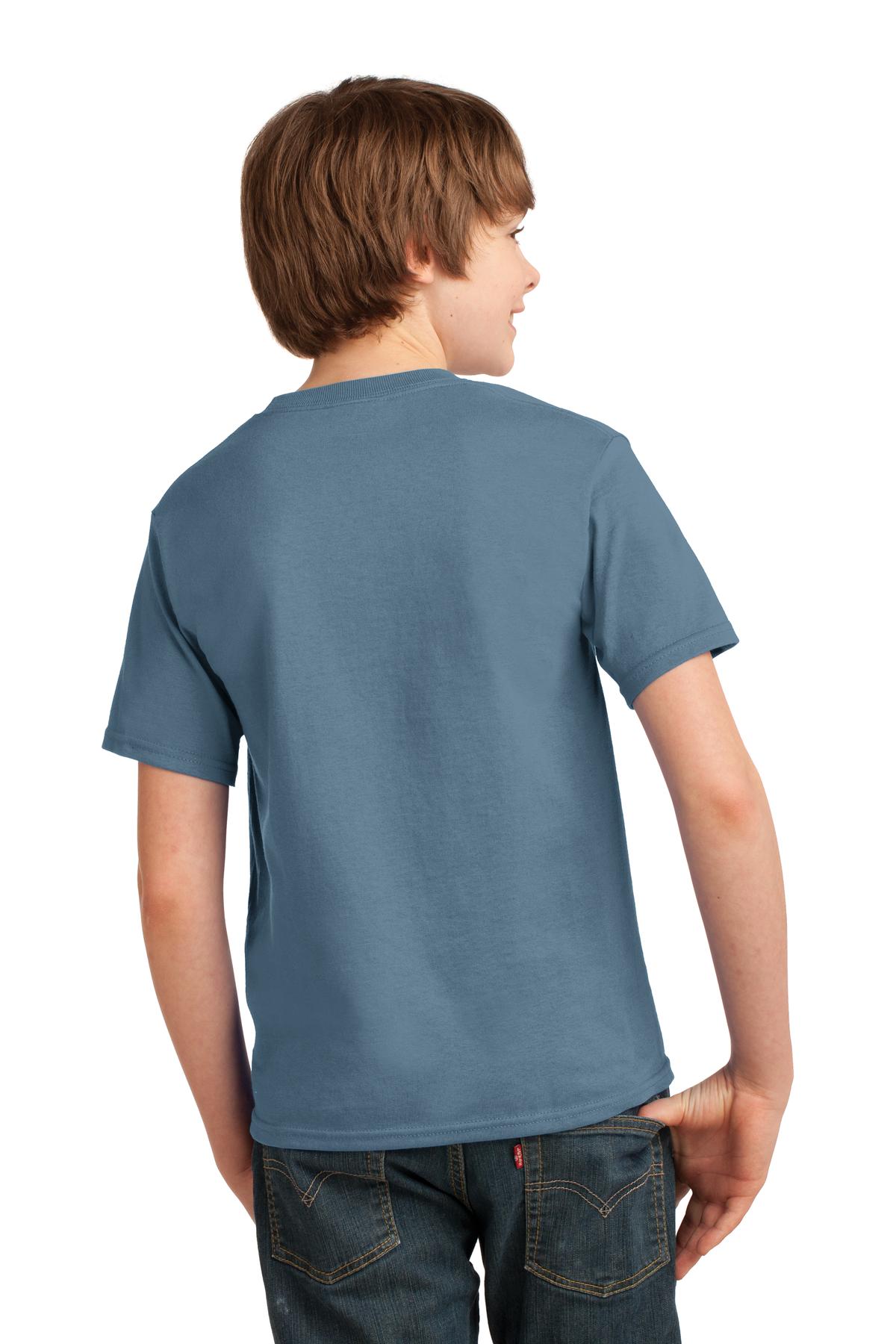 Stonewshd Blue Port & Co Youth Essential Tee. PC61Y