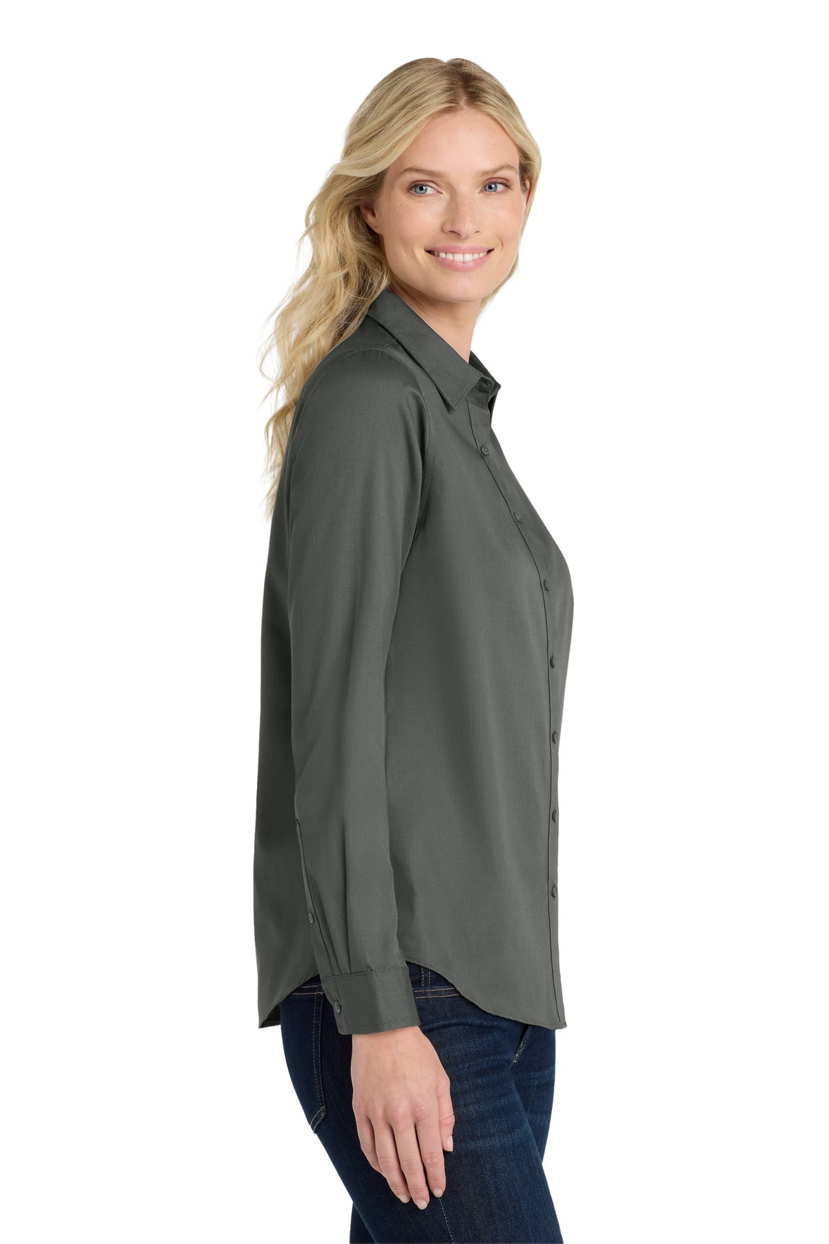 StormGrey Port Authority Women's Long Sleeve SuperPro React Twill Shirt. LW808