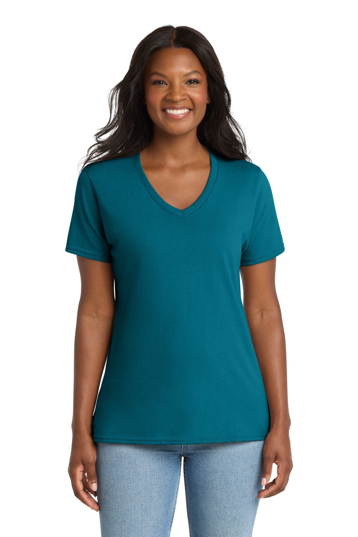 Teal Port & Co Women's Core Cotton V-Neck Tee. LPC54V