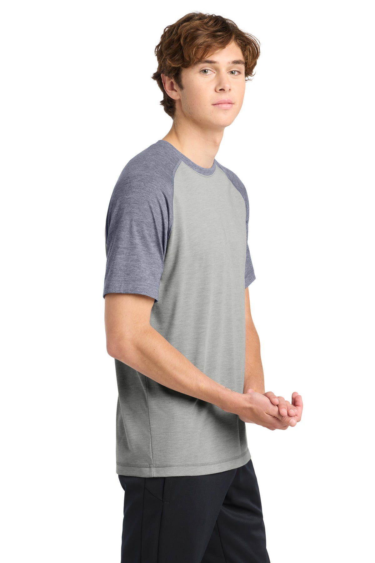 Tr Navy He/LGH Sport-Tek PosiCharge Tri-Blend Wicking Raglan Tee. ST400