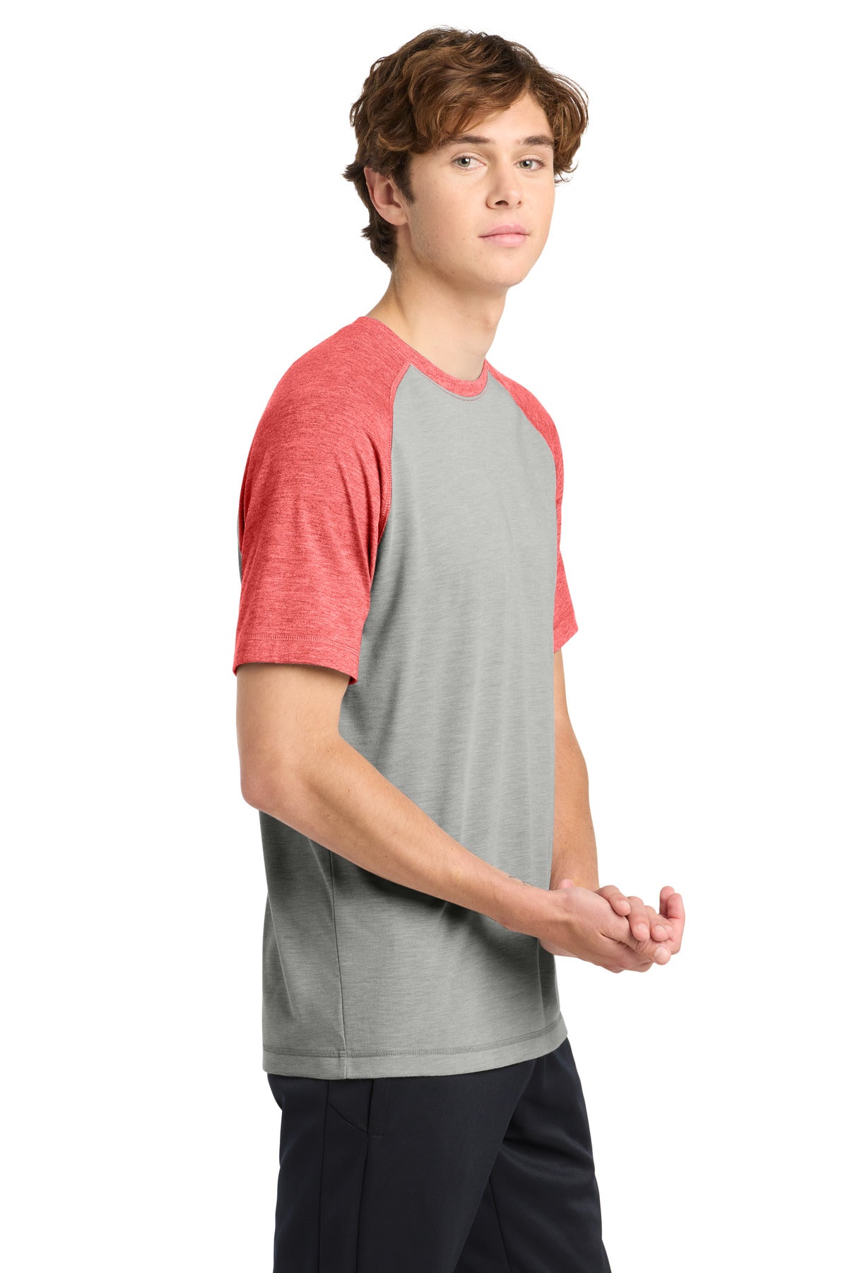 Tr Red Hth/LGH Sport-Tek PosiCharge Tri-Blend Wicking Raglan Tee. ST400