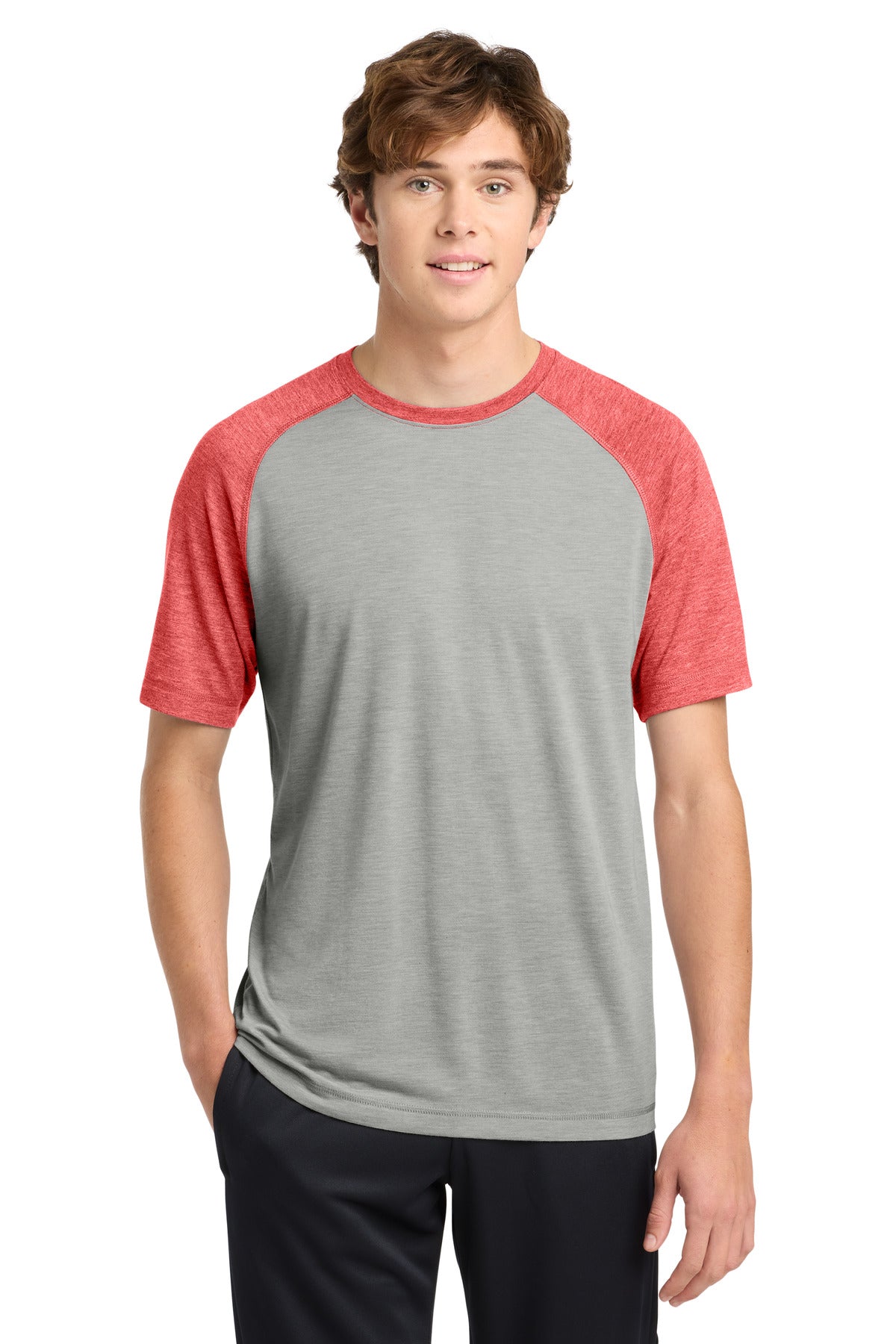 Tr Red Hth/LGH Sport-Tek PosiCharge Tri-Blend Wicking Raglan Tee. ST400