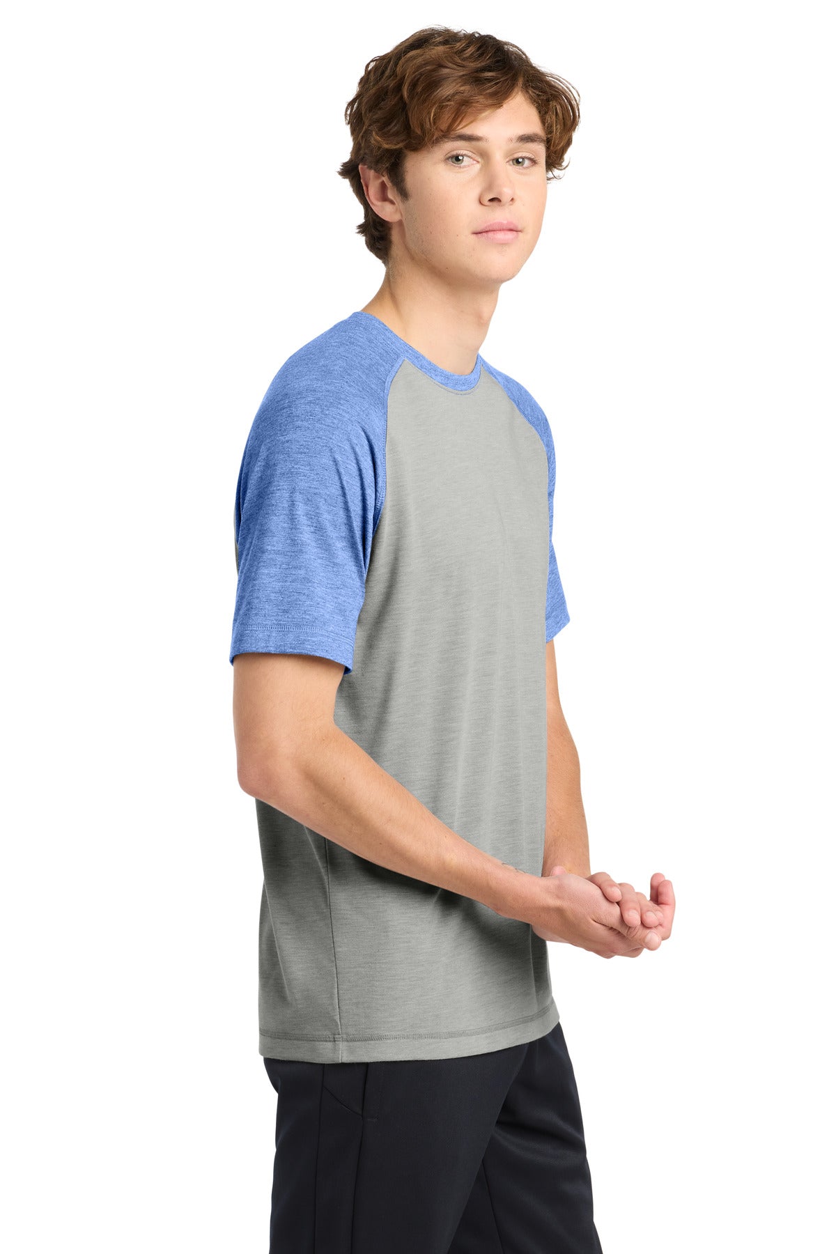 Tr Royl He/LGH Sport-Tek PosiCharge Tri-Blend Wicking Raglan Tee. ST400