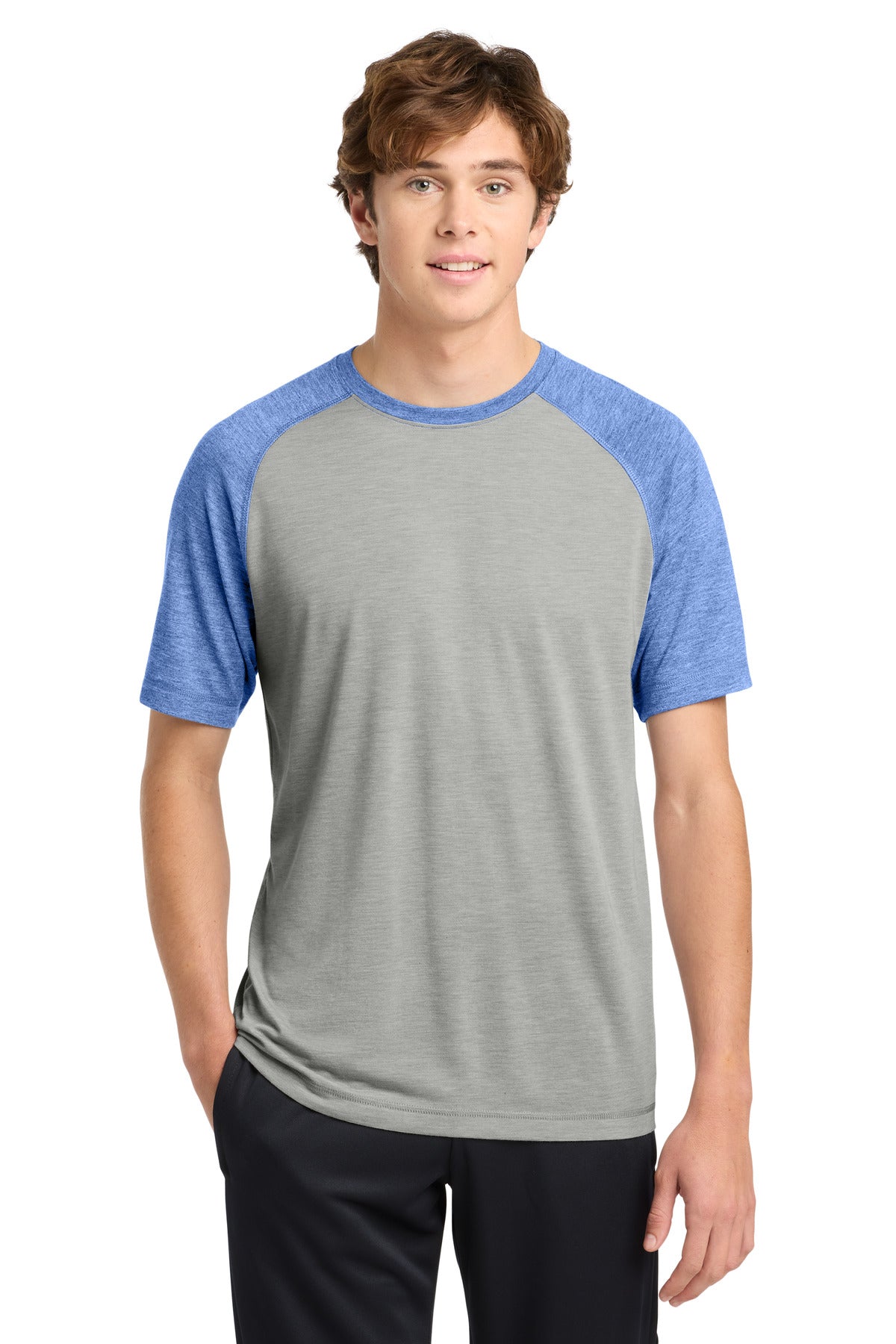 Tr Royl He/LGH Sport-Tek PosiCharge Tri-Blend Wicking Raglan Tee. ST400