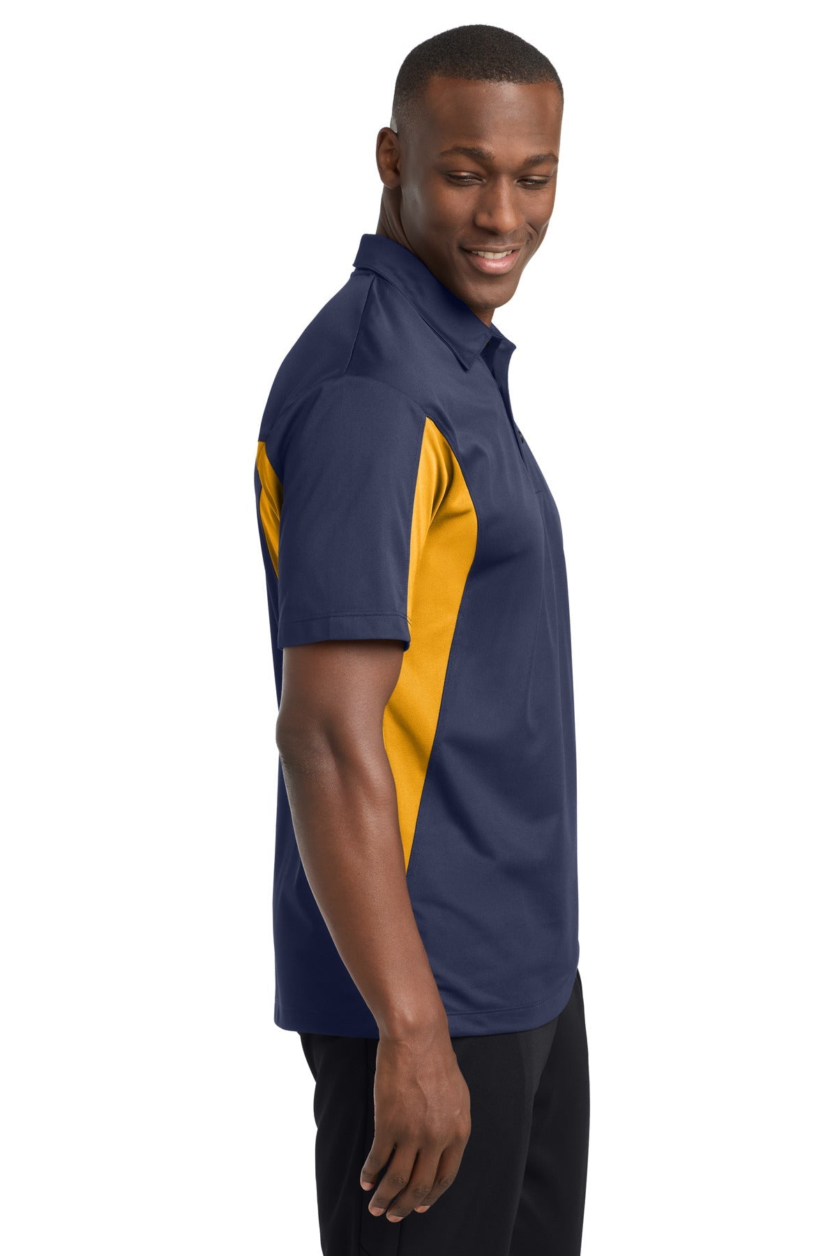 True Navy/Gold Sport-Tek Side Blocked Micropique Sport-Wick Polo. ST655