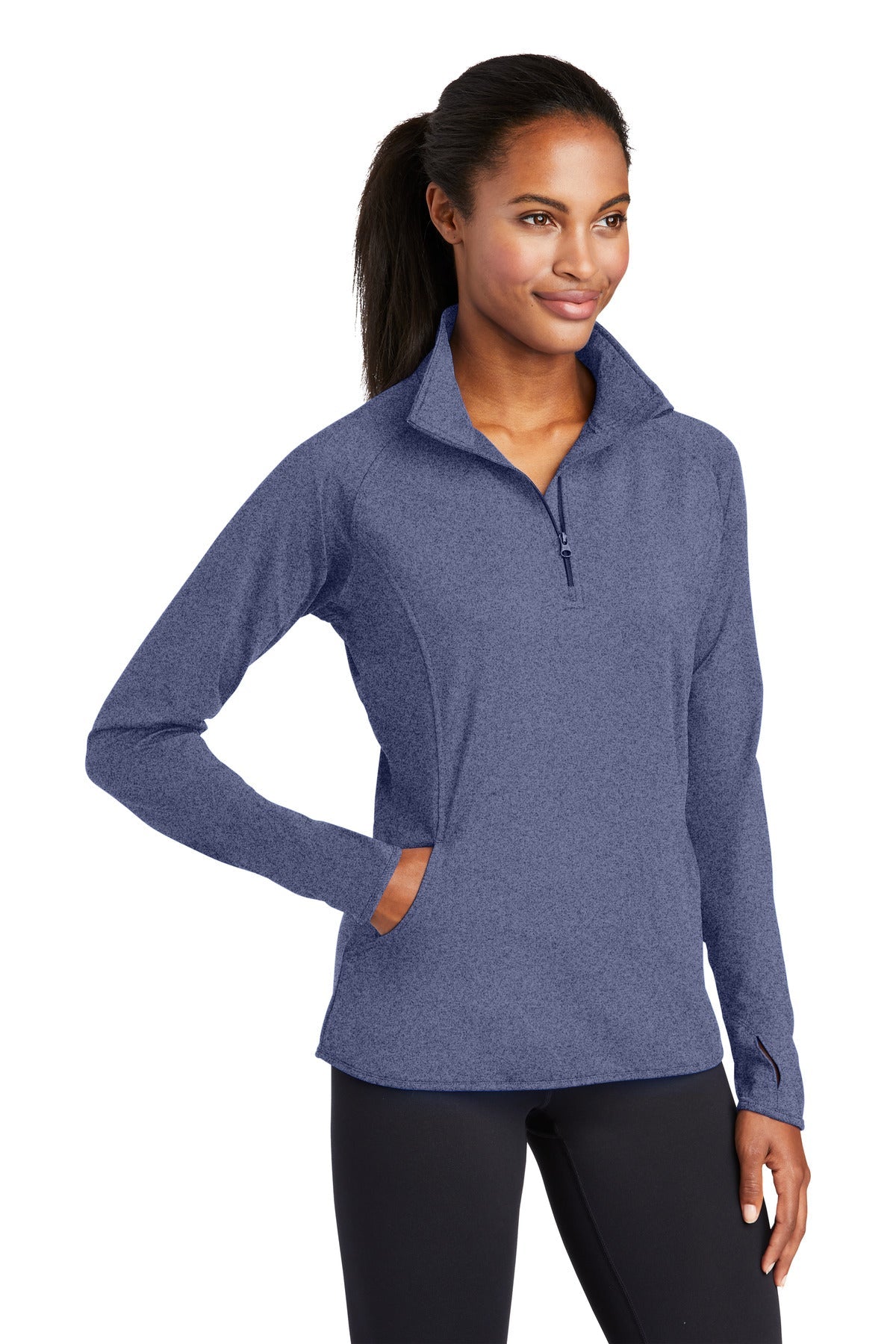 True Nvy Hthr Sport-Tek Women's Sport-Wick Stretch 1/4-Zip Pullover. LST850