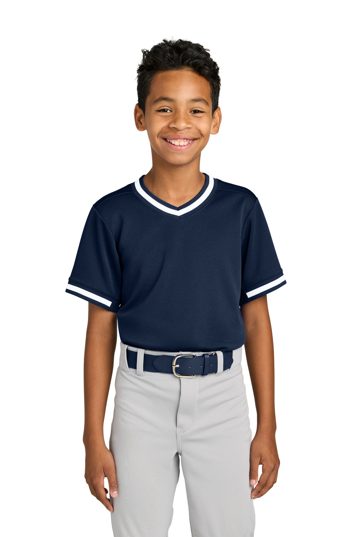 TrueNavy Sport-Tek Youth Tough Mesh V-Neck Baseball Jersey YST221