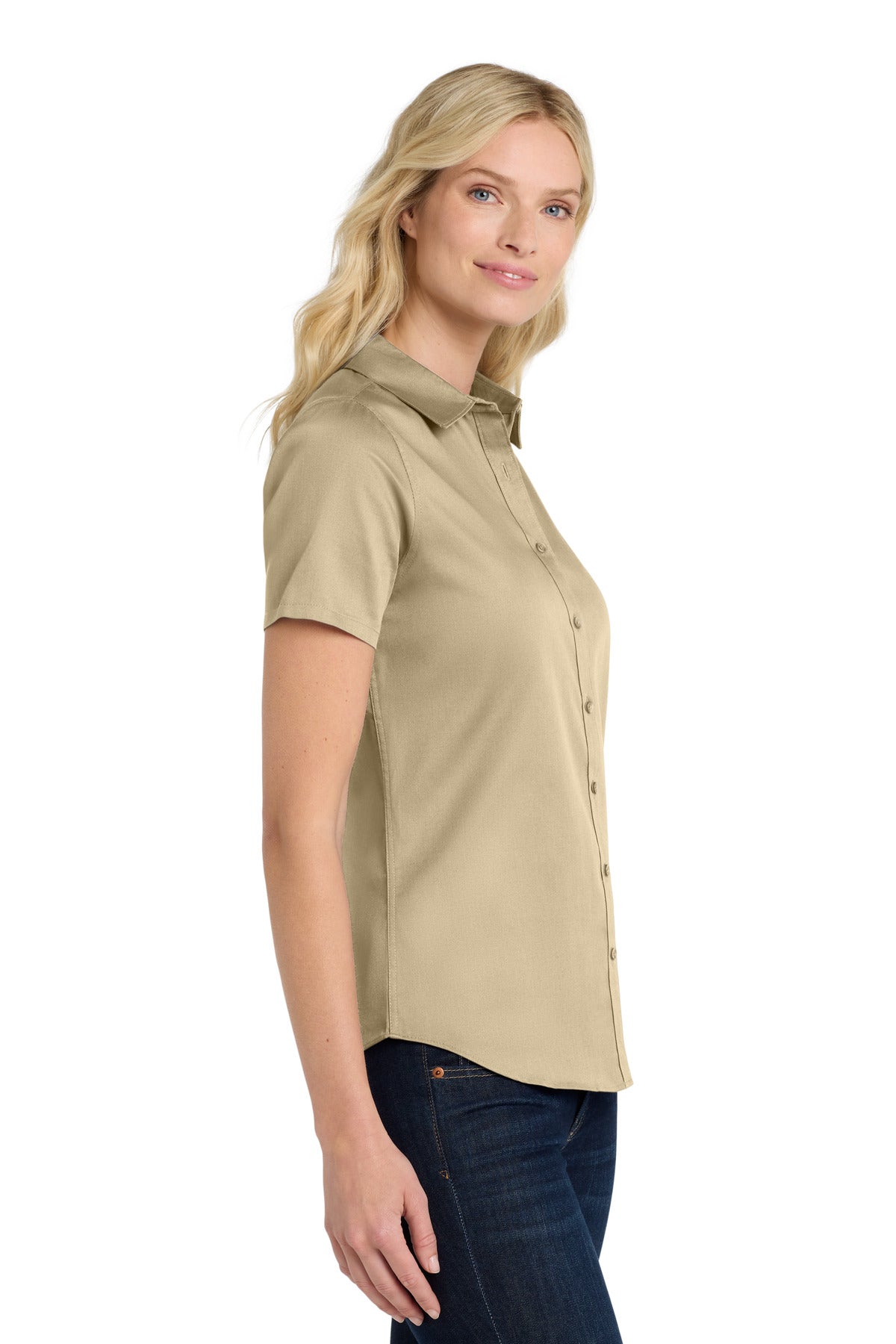Wheat Port Authority Women's Short Sleeve SuperPro React Twill Shirt. LW809