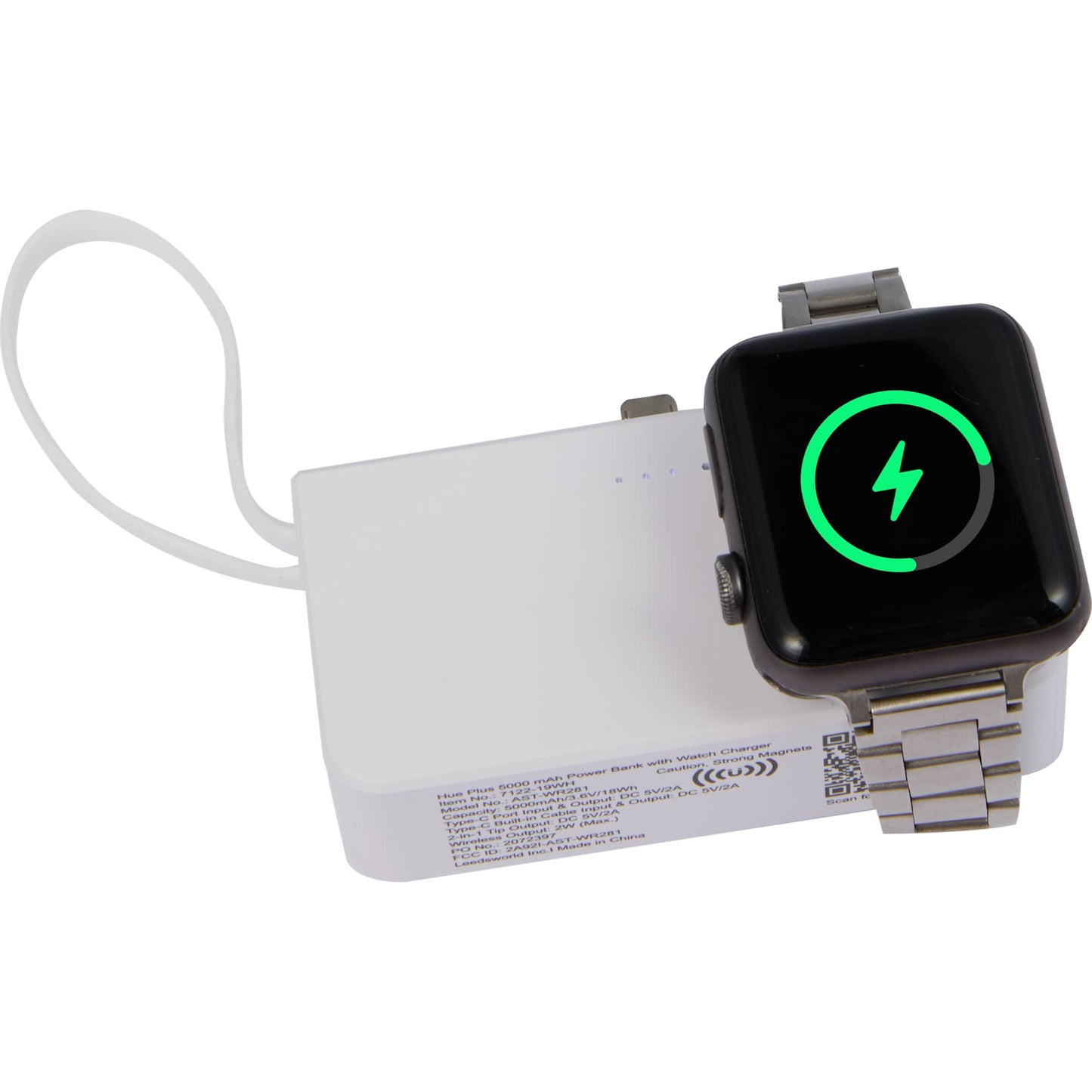White Hue Plus 5000 mAh Power Bank with Watch Charger plain