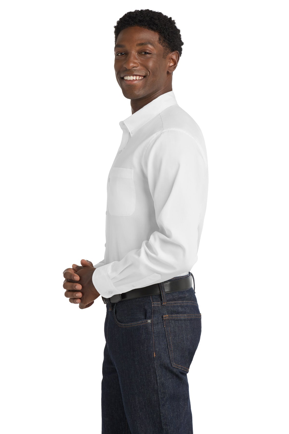 White Port Authority Long Sleeve SuperPro React Twill Shirt. W808