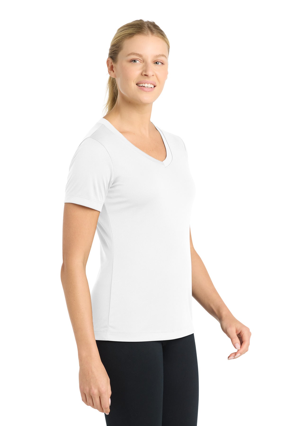 White Sport-Tek Women's PosiCharge Competitor V-Neck Tee. LST353