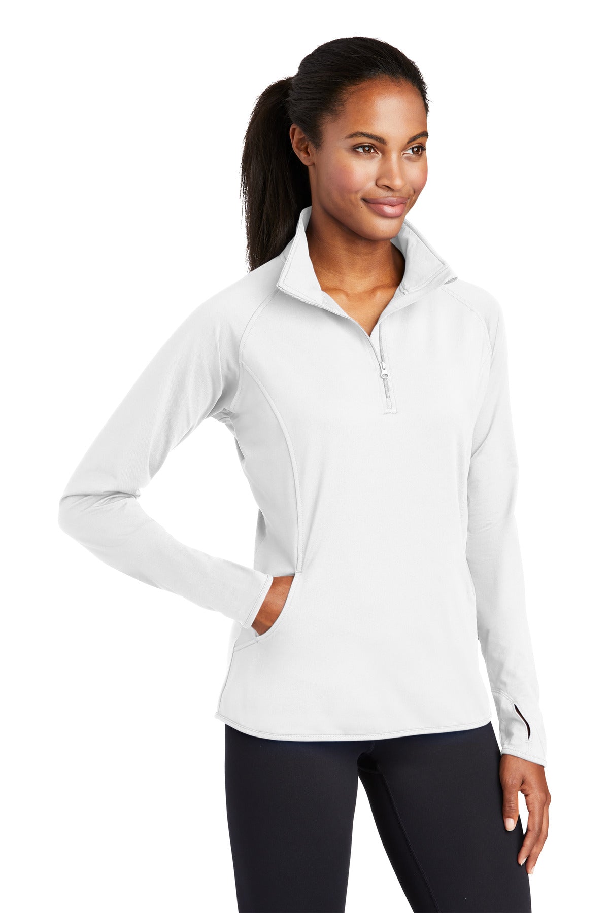 White Sport-Tek Women's Sport-Wick Stretch 1/4-Zip Pullover. LST850