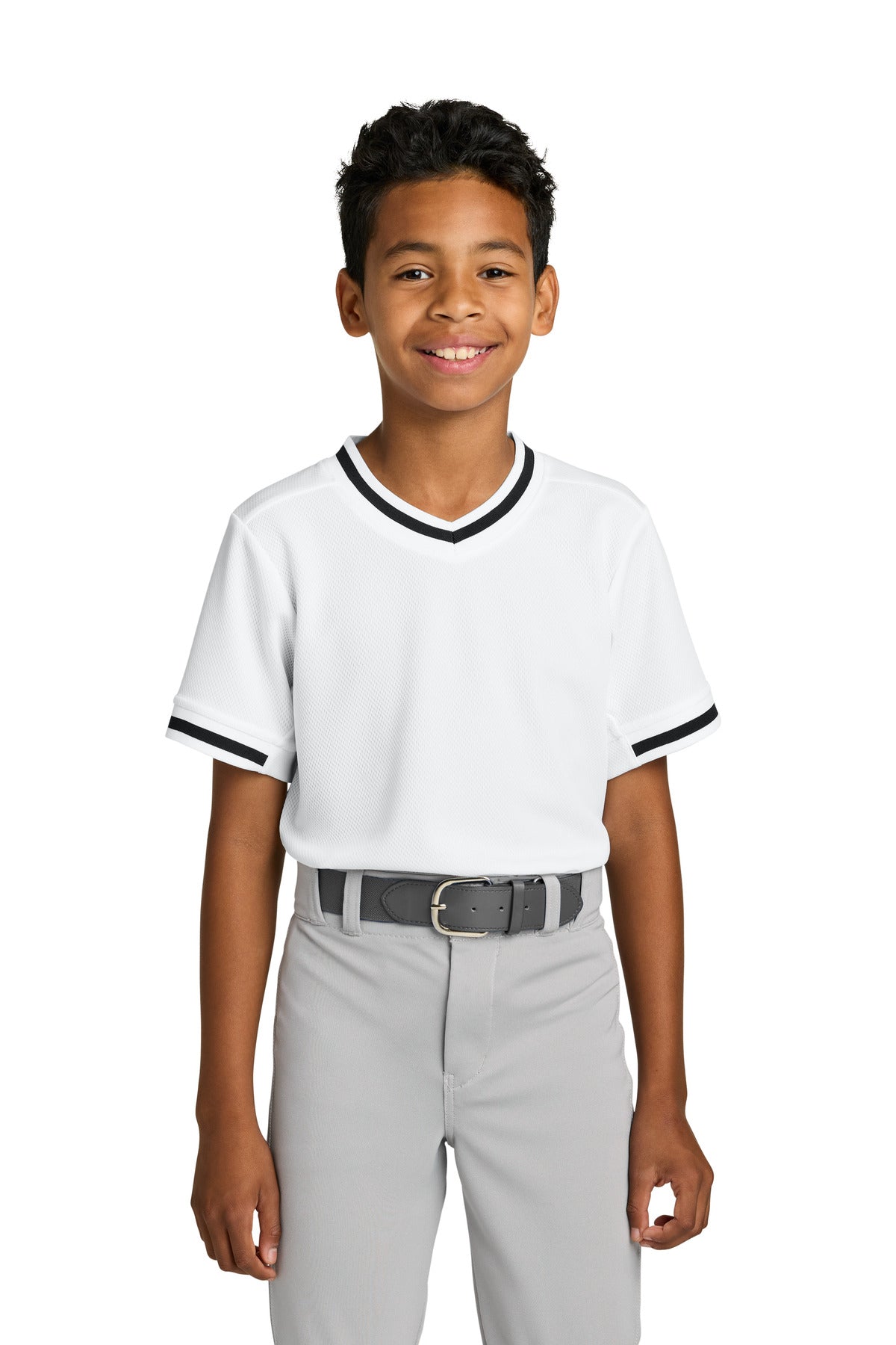 White Sport-Tek Youth Tough Mesh V-Neck Baseball Jersey YST221