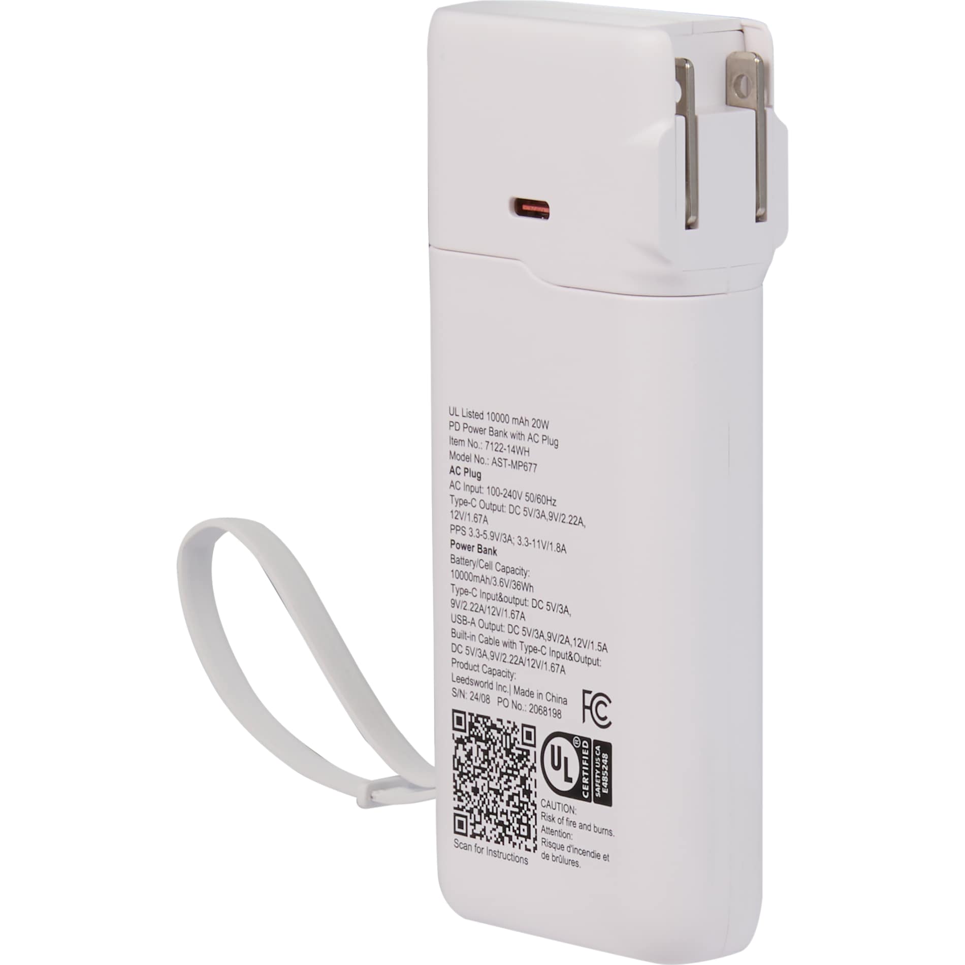 White UL Listed 10,000 mAh 20W PD Power Bank with AC Plu plain