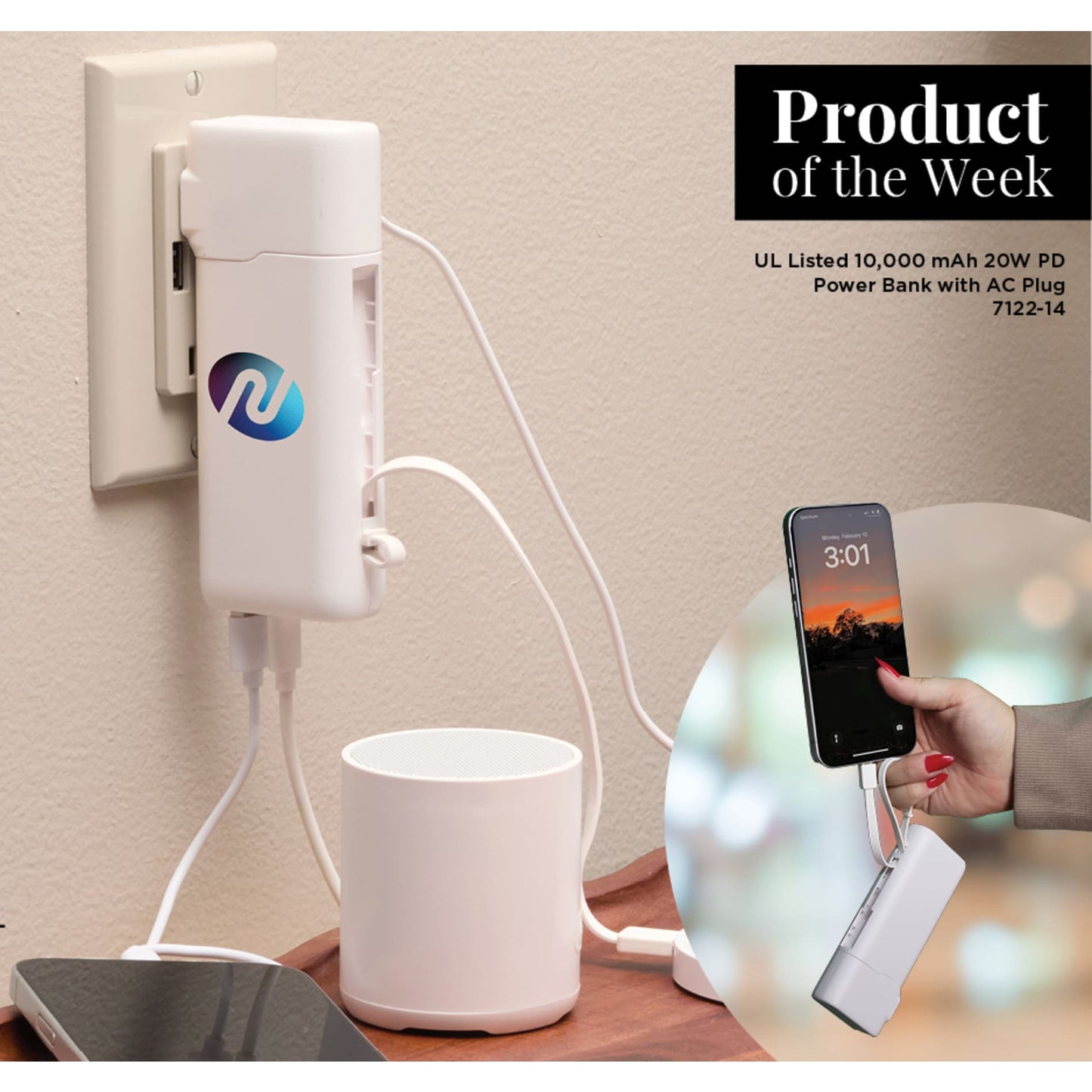 White UL Listed 10,000 mAh 20W PD Power Bank with AC Plu