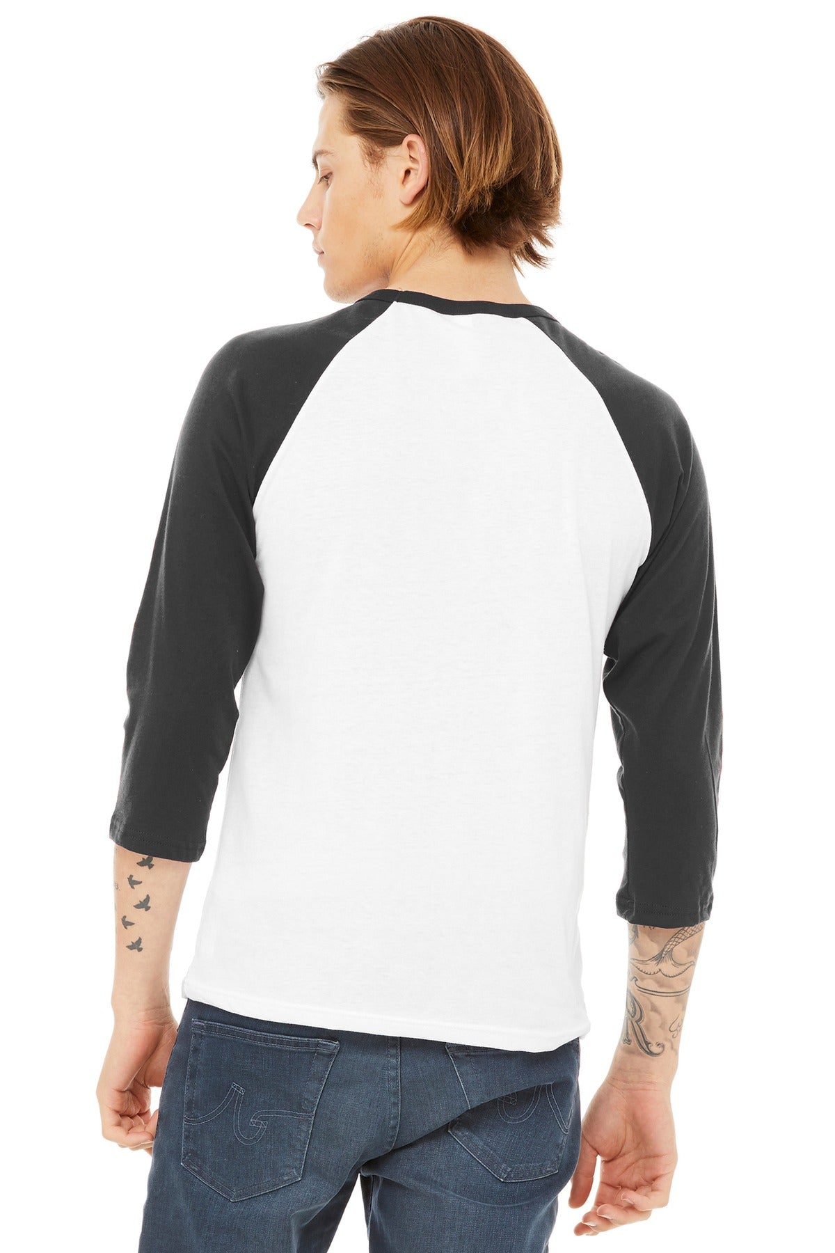 White/Asphalt BELLA+CANVAS Unisex 3/4-Sleeve Baseball Tee. BC3200