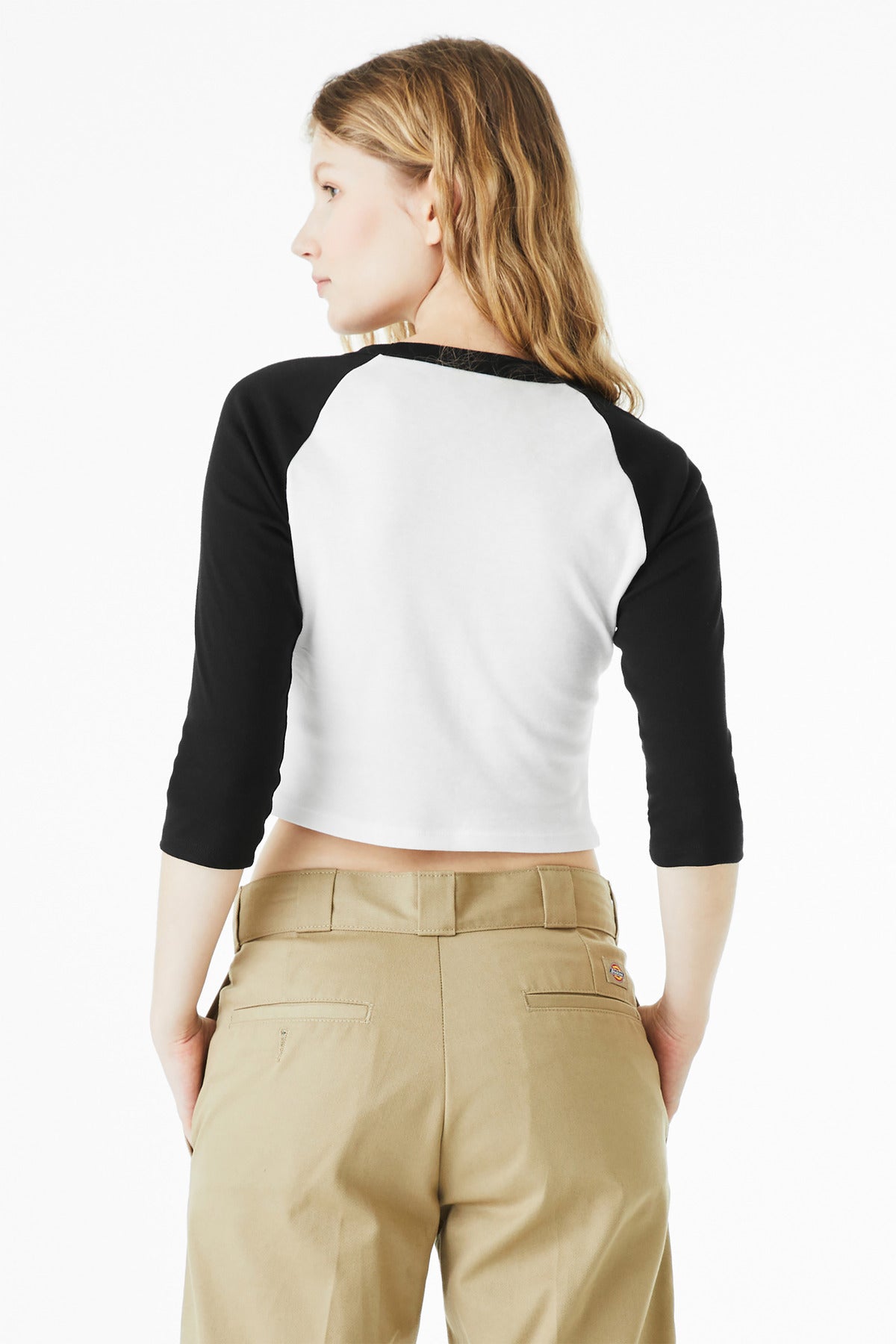 White/Blk BELLA+CANVAS Women's Micro Rib 3/4 Raglan Baby Tee BC1200