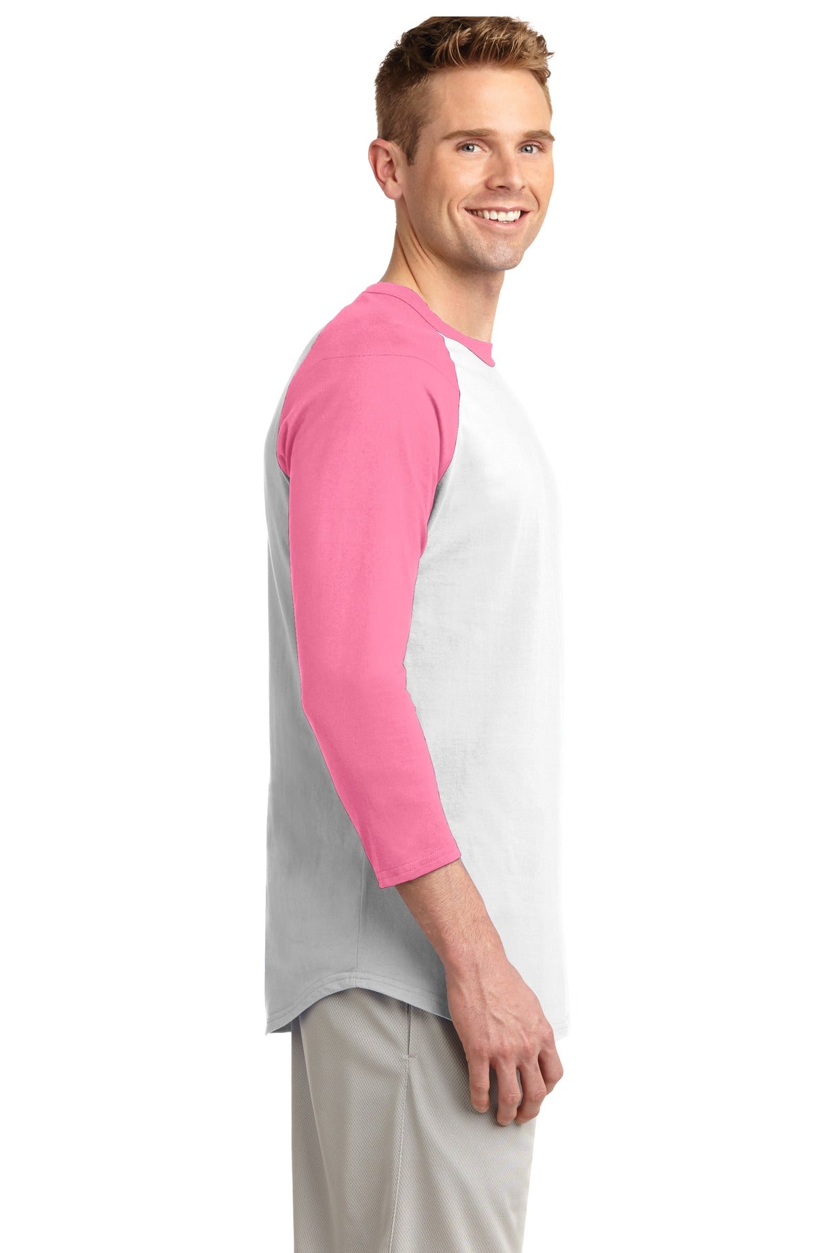 White/Brt Pink Sport-Tek Colorblock Raglan Jersey. T200
