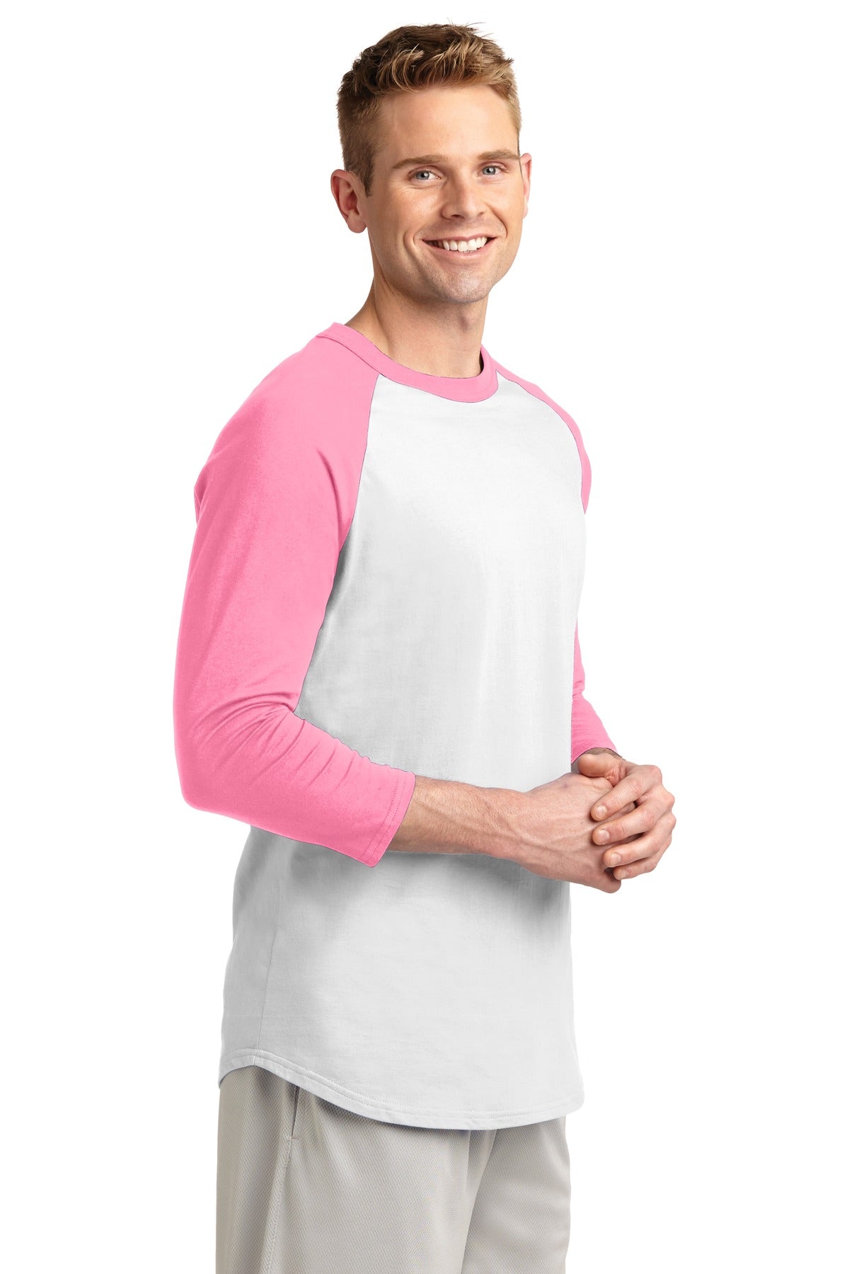 White/Brt Pink Sport-Tek Colorblock Raglan Jersey. T200