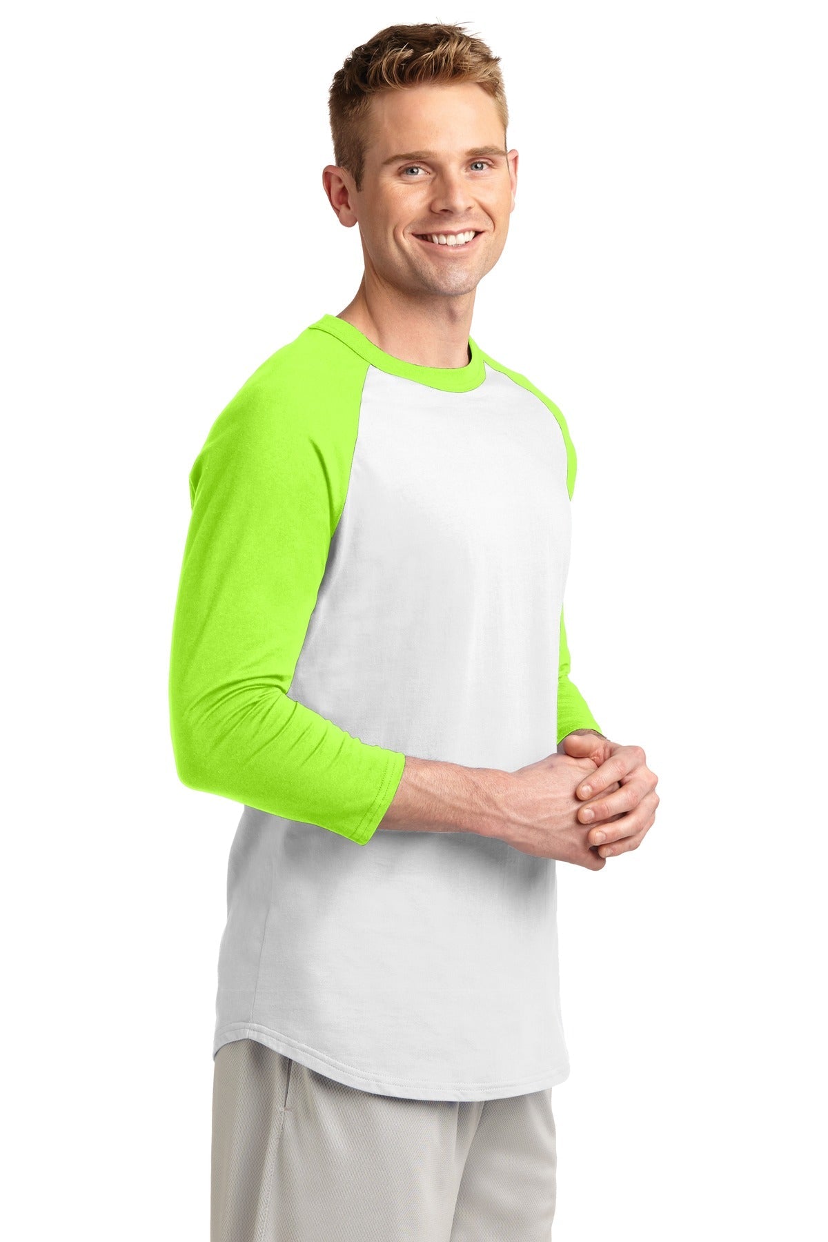 White/Lime Shk Sport-Tek Colorblock Raglan Jersey. T200