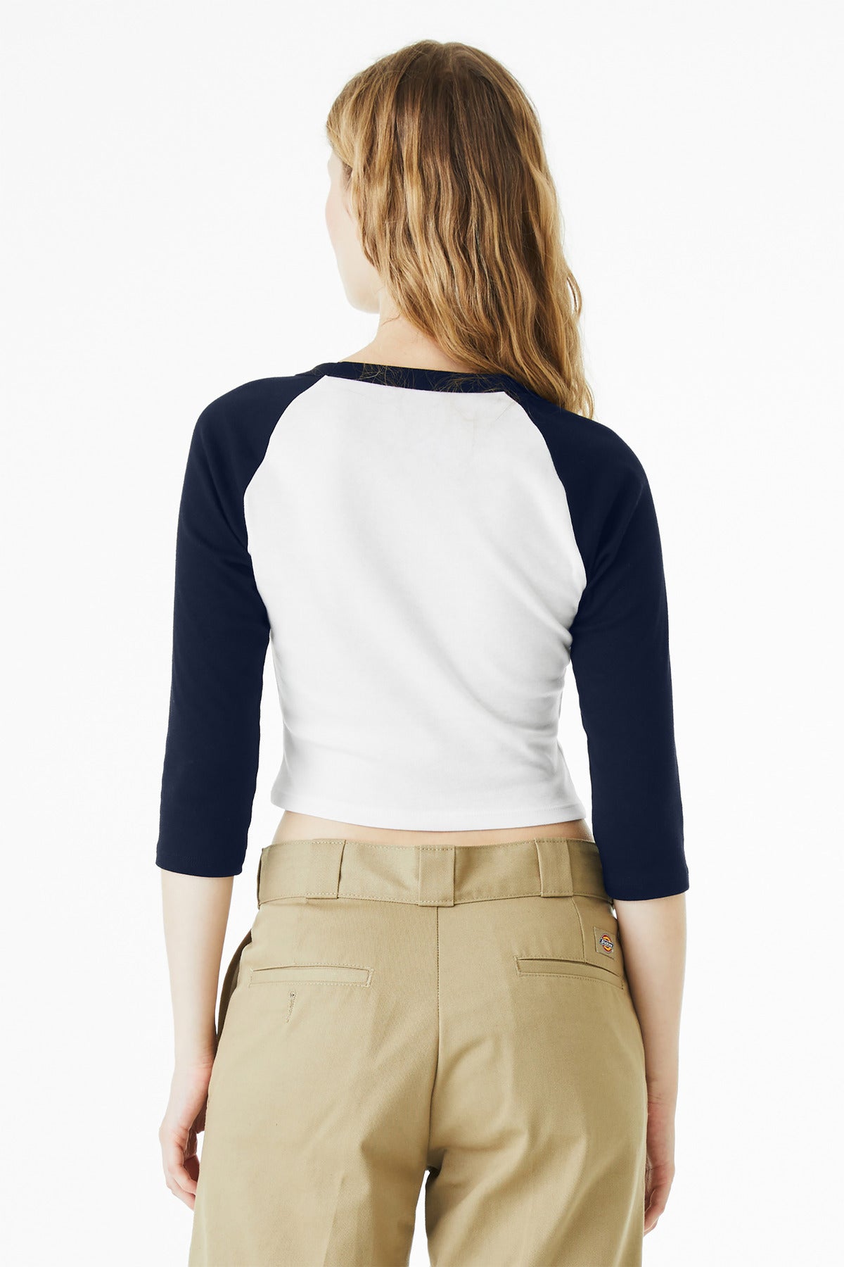 White/Navy BELLA+CANVAS Women's Micro Rib 3/4 Raglan Baby Tee BC1200