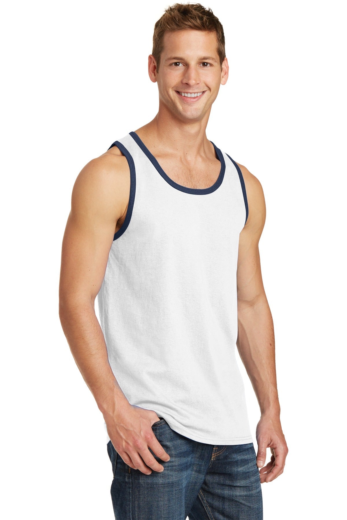 White/Navy Port & Co Core Cotton Tank Top. PC54TT