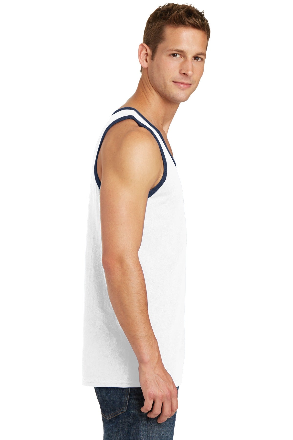White/Navy Port & Co Core Cotton Tank Top. PC54TT