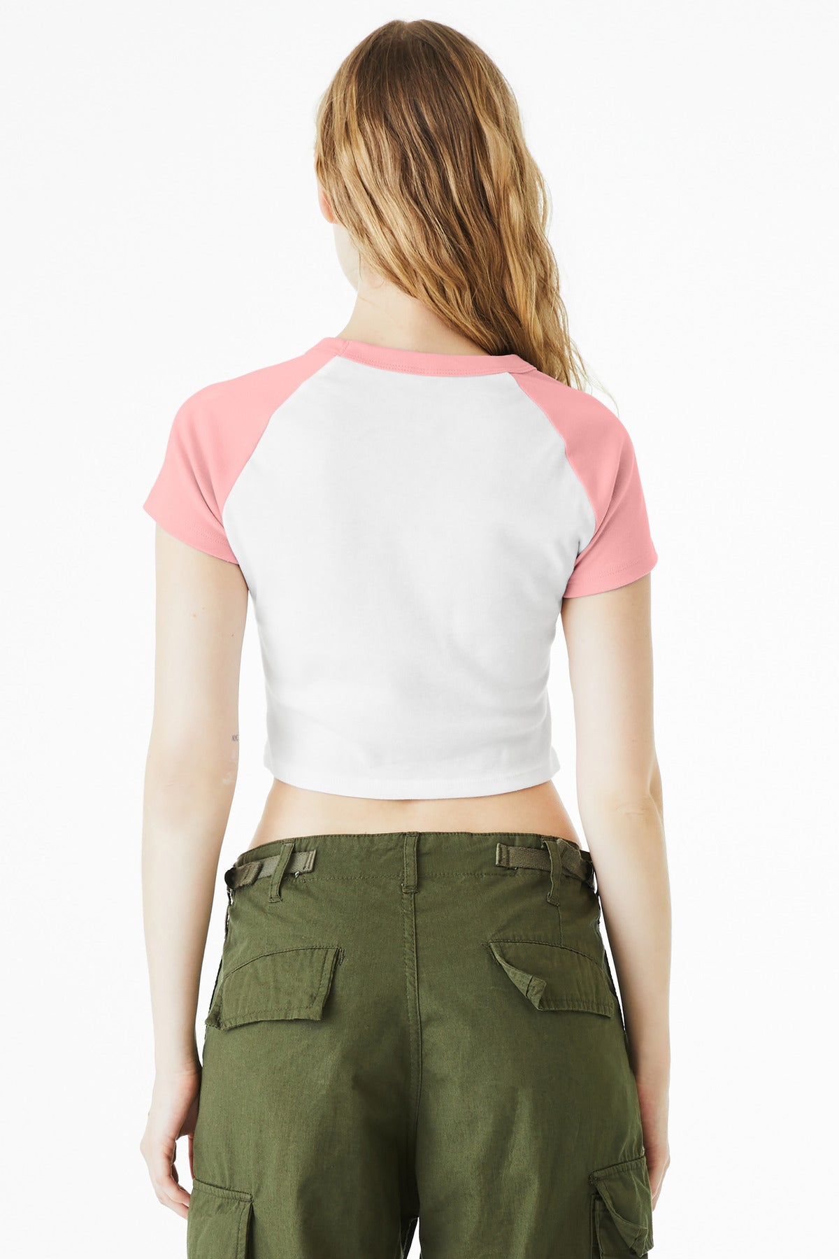 White/Pink BELLA+CANVAS Women's Micro Rib Raglan Baby Tee BC1201