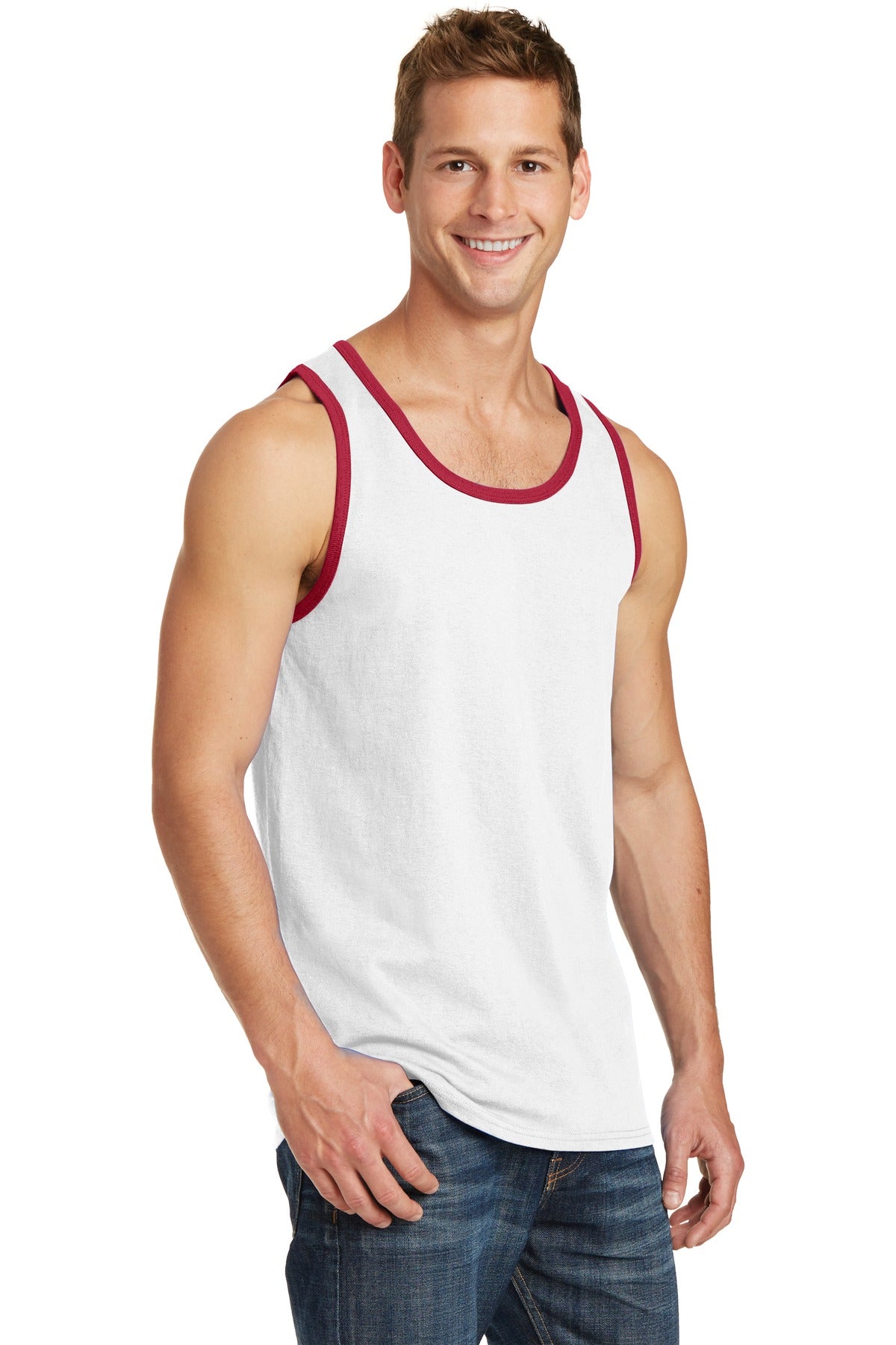 White/Red Port & Co Core Cotton Tank Top. PC54TT