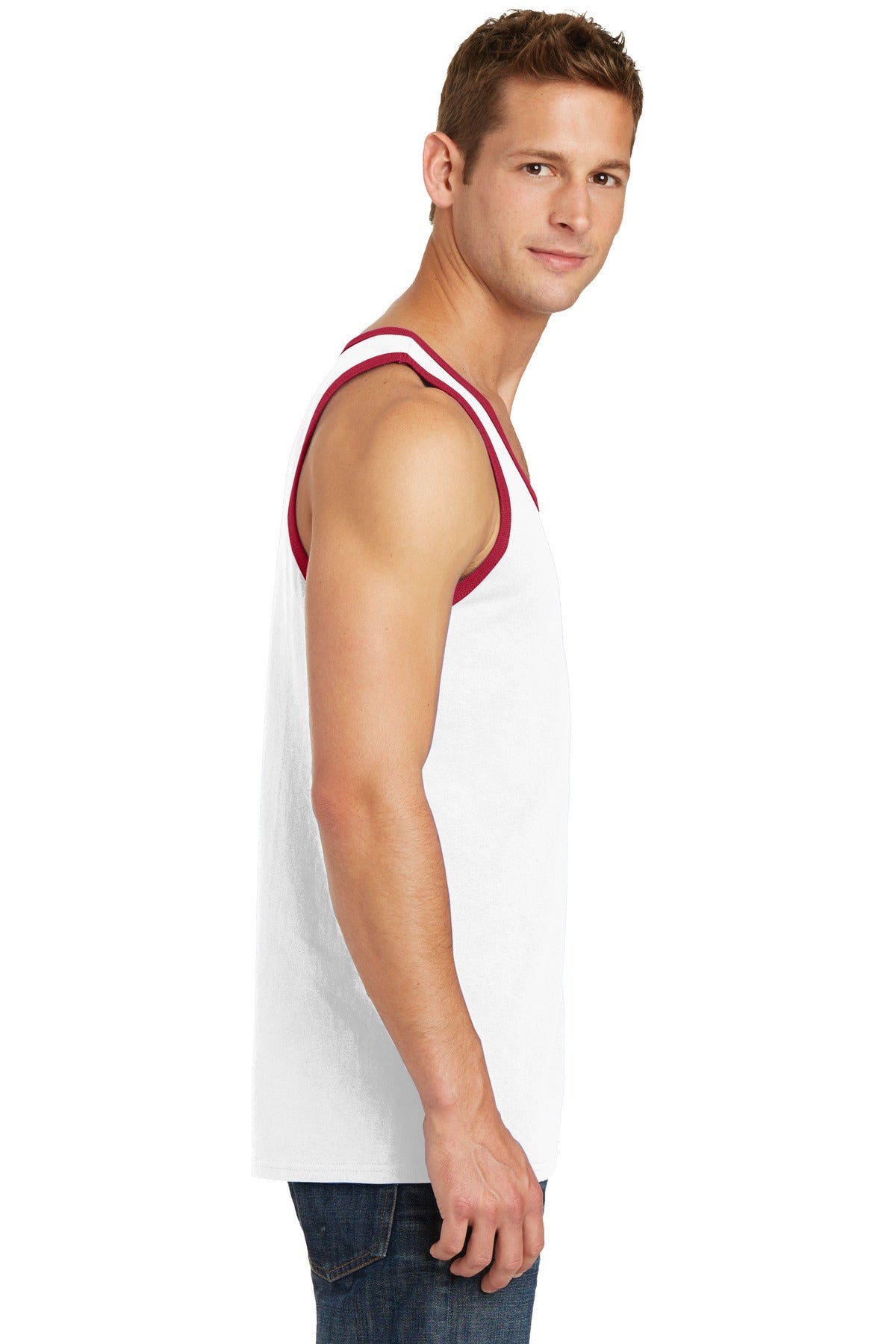 White/Red Port & Co Core Cotton Tank Top. PC54TT