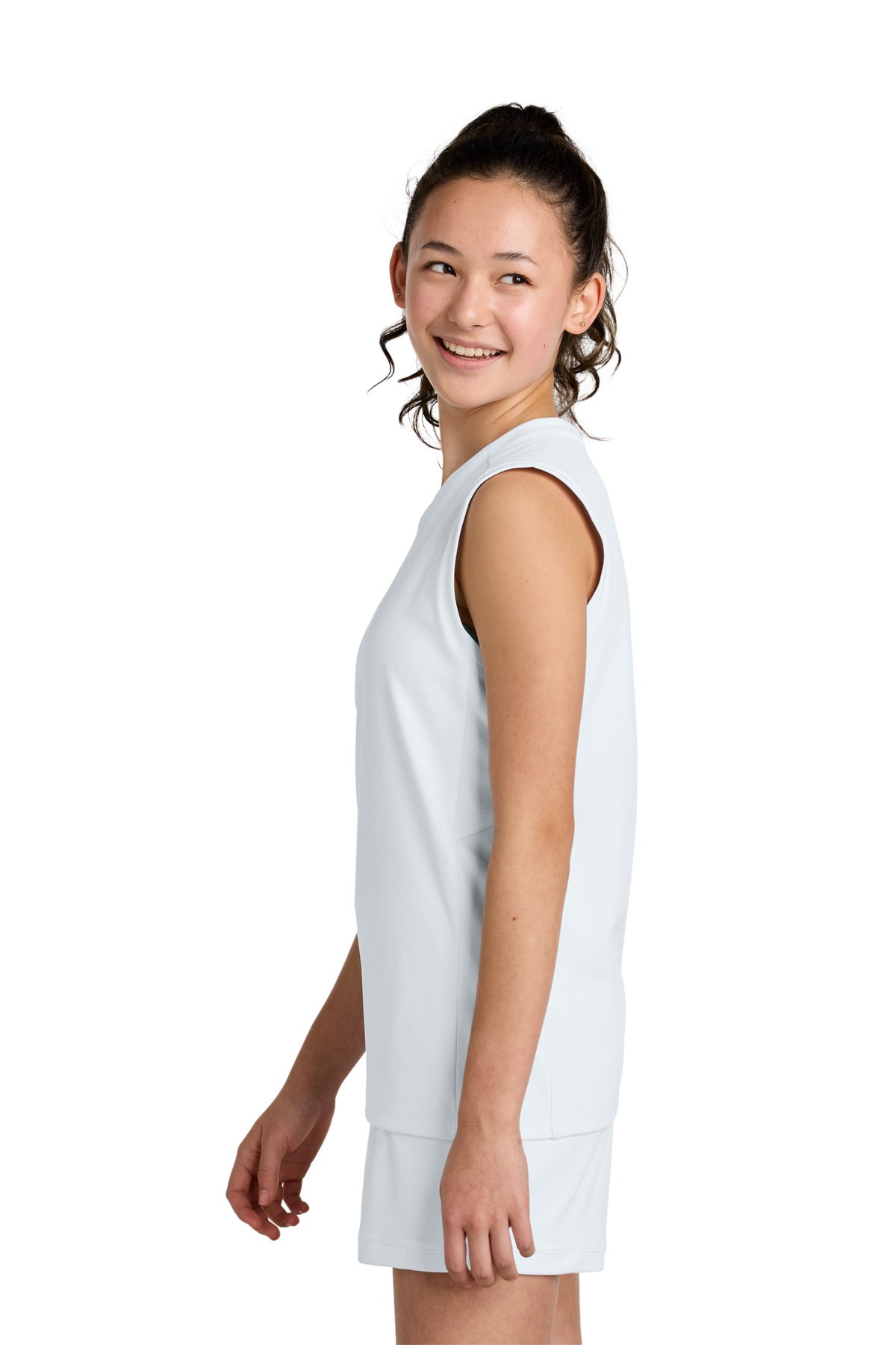 Wht/Wht Sport-Tek Youth Club Sleeveless V-Neck YST441