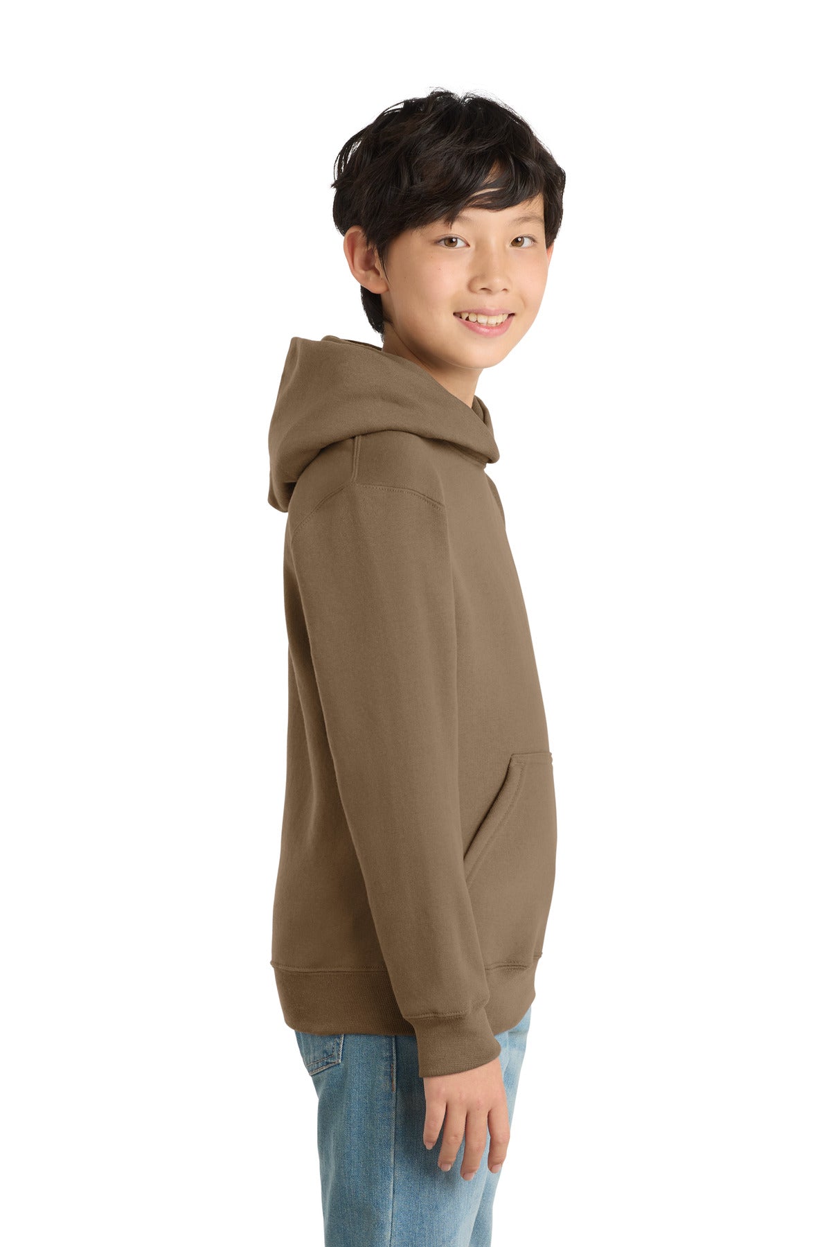 Woodland Brown Port & Co Youth Core Fleece Pullover Hooded Sweatshirt. PC90YH